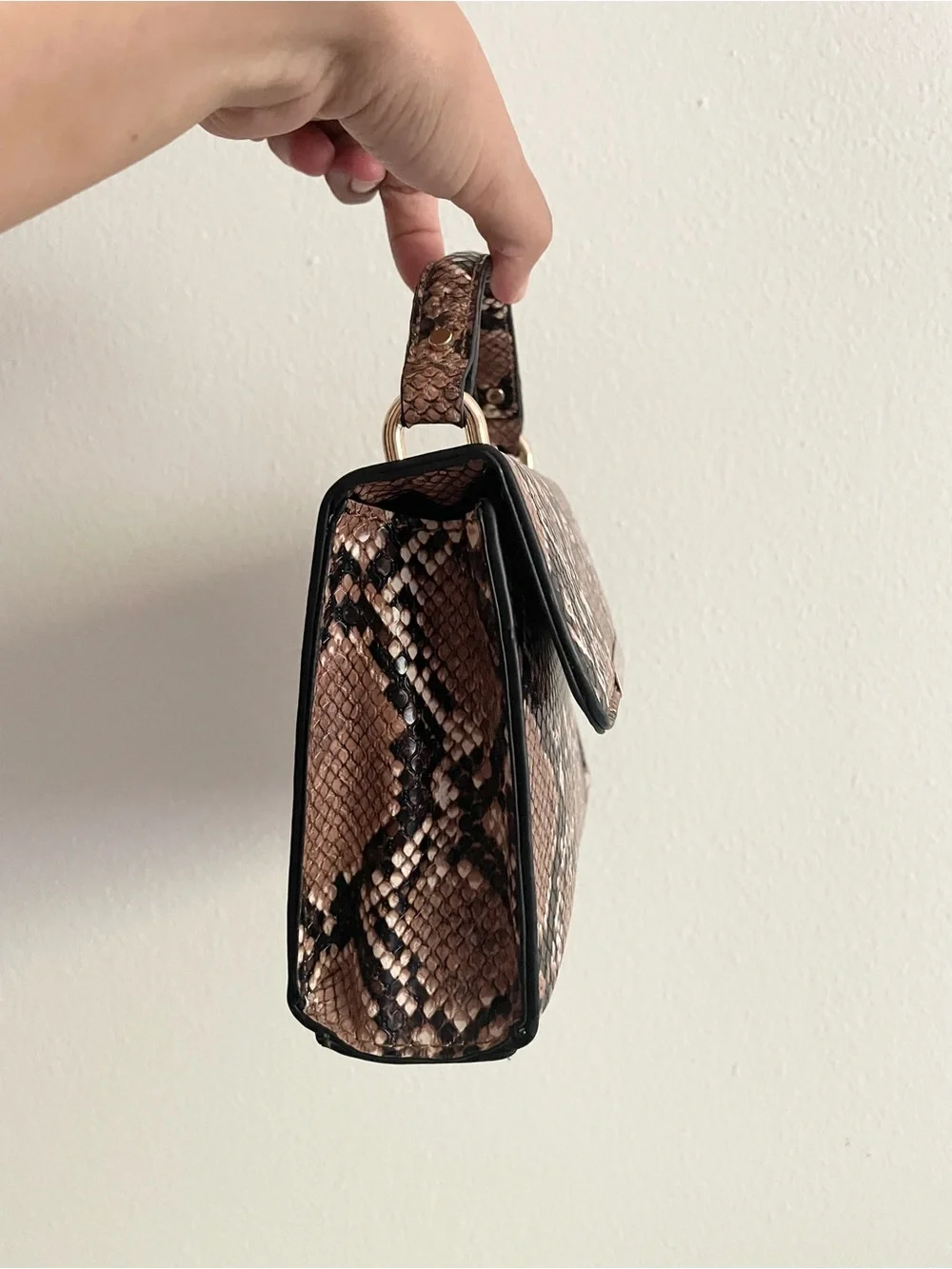 Brown Snake-Print Top Handle Bag